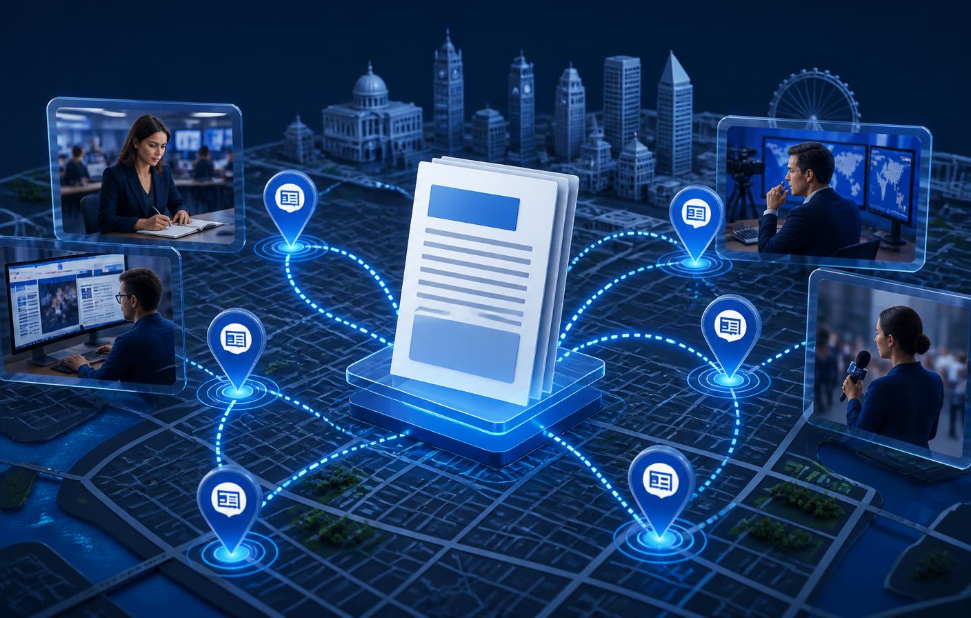 Local media outreach map connecting a press release to city newsrooms