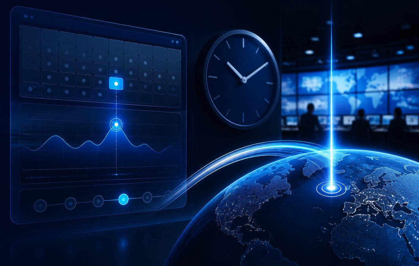 Press release scheduling dashboard with calendar, clock, and global launch signal
